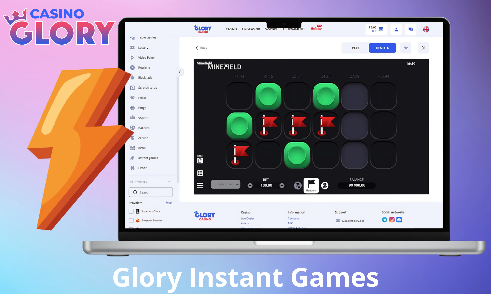 Instant games available at Glory Casino